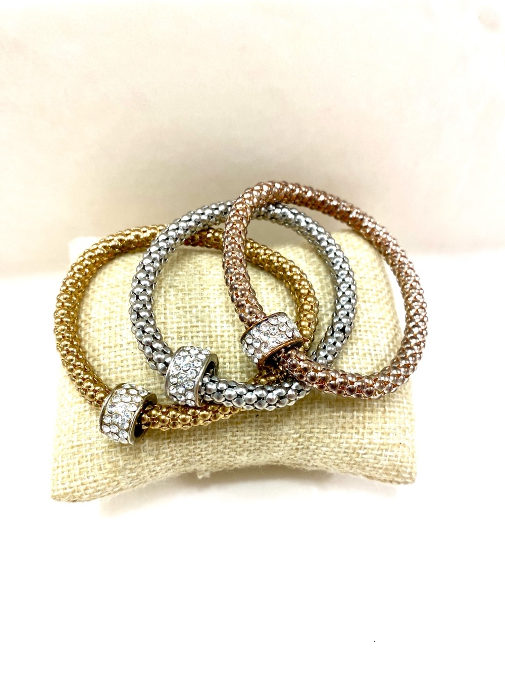 Tri-Tone Crystal Mesh Bracelet Trio - Gold, Silver & Rose Gold